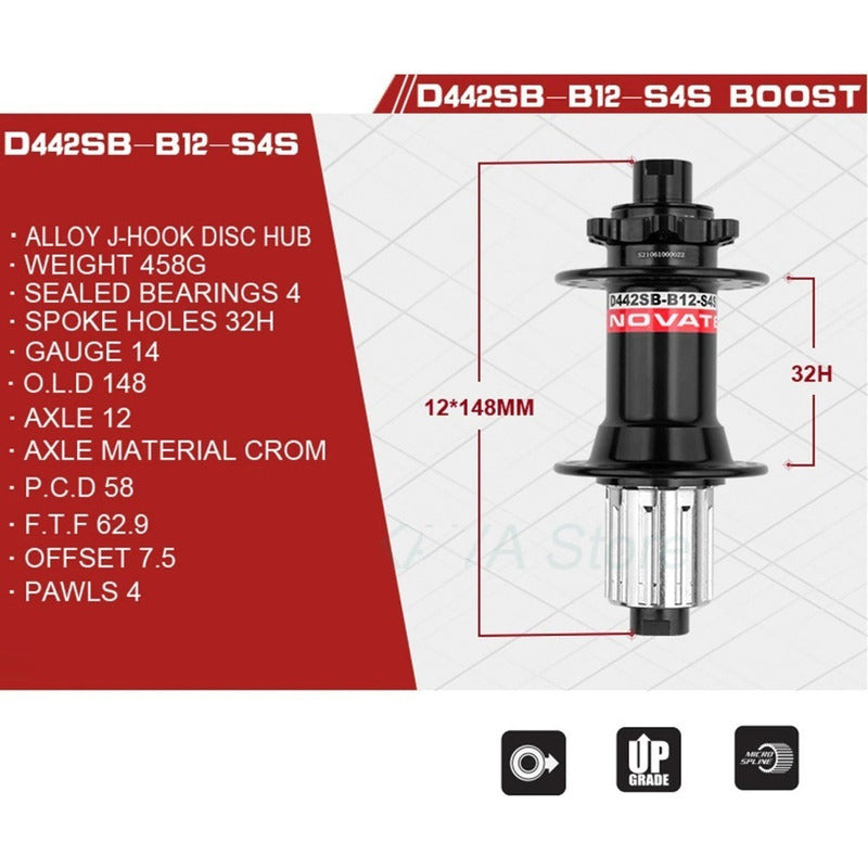 Maza Trasera Novatec D442sb-b12 12x148mm Boost 32h Nucleo Hg Mi tienda-Repuesto-de-bicicleta