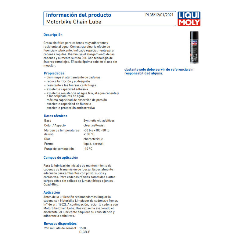 Lubricante Grasa De Cadena Moto Liquimoly Motorbike 250ml