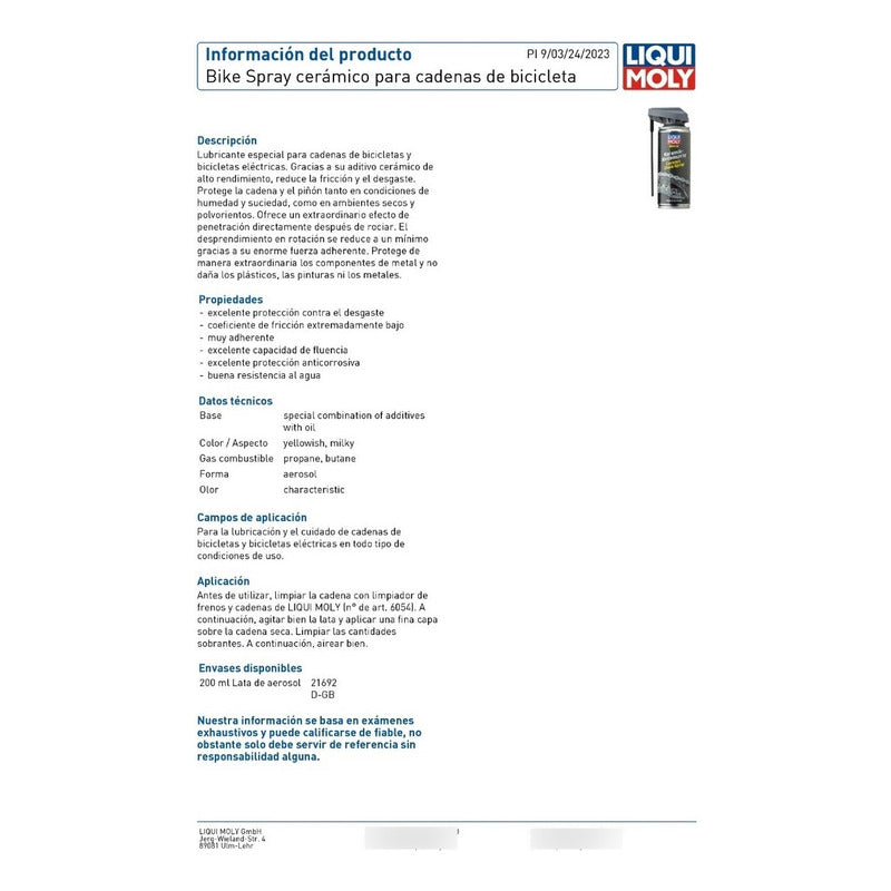 Aceite Lubricante Cadena Bicicleta Ceramico Liquimoly 200ml Mi tienda-Repuesto-de-bicicleta