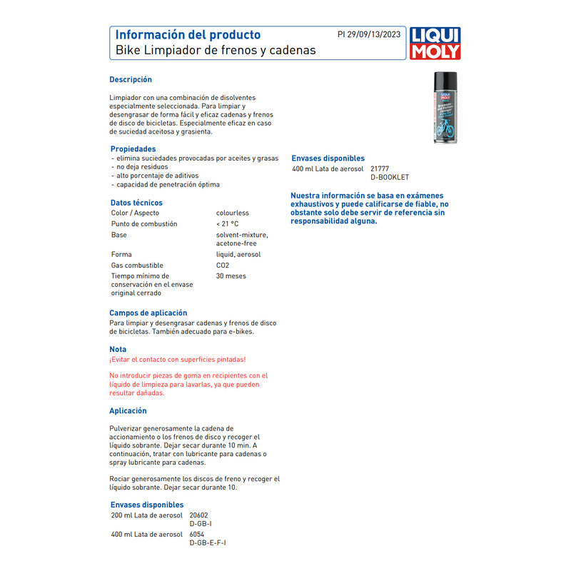 Limpiador Desengrasante Cadena Y Transmision Liquimoly 400ml Mi tienda-Repuesto-de-bicicleta