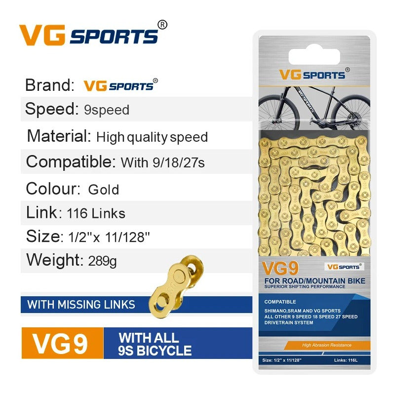 Cadena Vg Sports 9v Gold 116l Mtb/ruta Eslabón Rápido Mi tienda-Repuesto-de-bicicleta