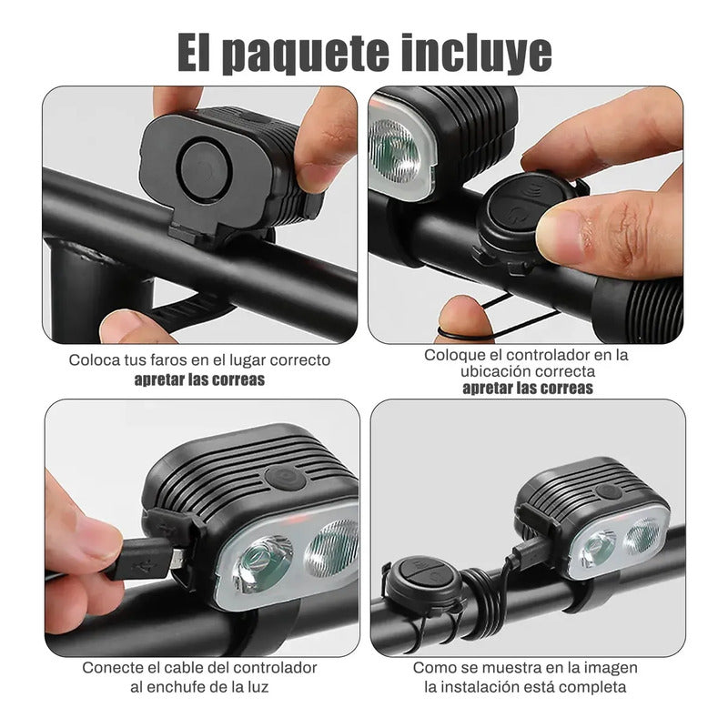 Luz Led Bicicleta Usb Delantera Impermeable Ip67 Con Bocina Negro