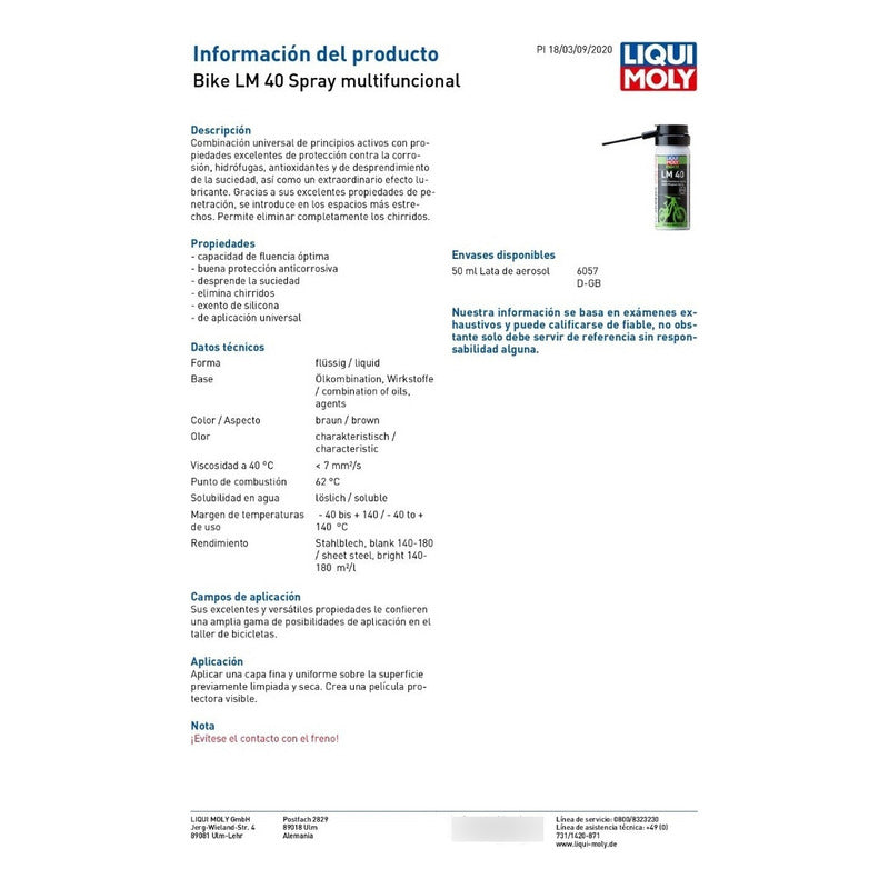 Lubricante Multiuso Para Bicicletas Liquimoly Lm40 Bike 50ml Mi tienda-Repuesto-de-bicicleta