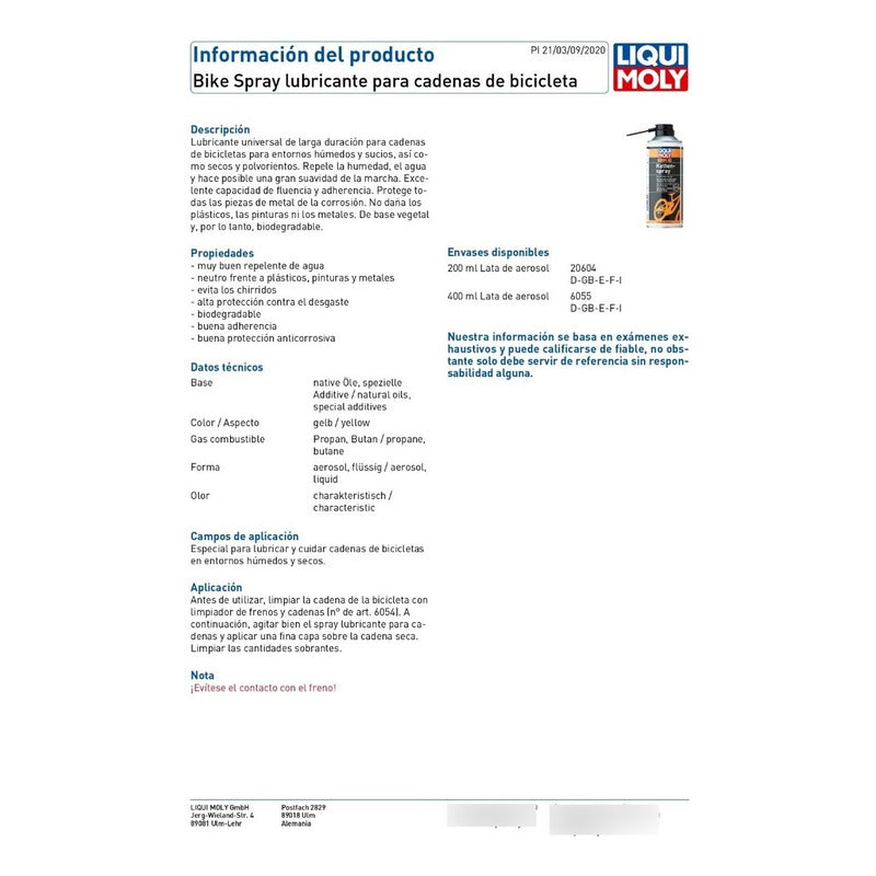 Spray Lubricante Cadena Bicicleta Liquimoly 400ml Mi tienda-Repuesto-de-bicicleta