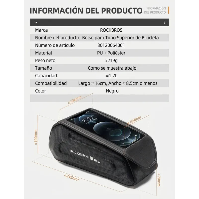 Bolso Frontal Bicicleta Porta Celular Impermeable Rockbros Negro