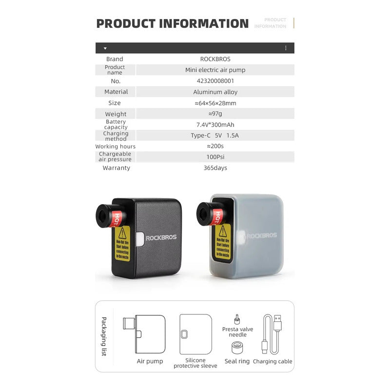 Bombin Compresor Electrico Bicicleta Rockbros 100psi Usb-c - Negro