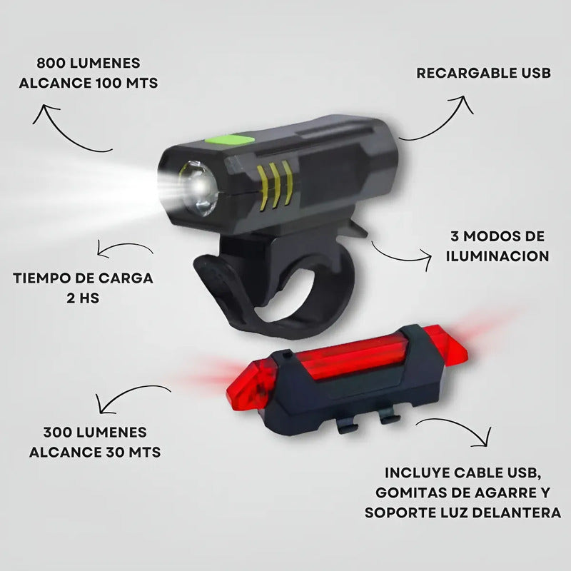 Pack Luz Led Delantera Y Trasera Bicicleta Usb Impermeable