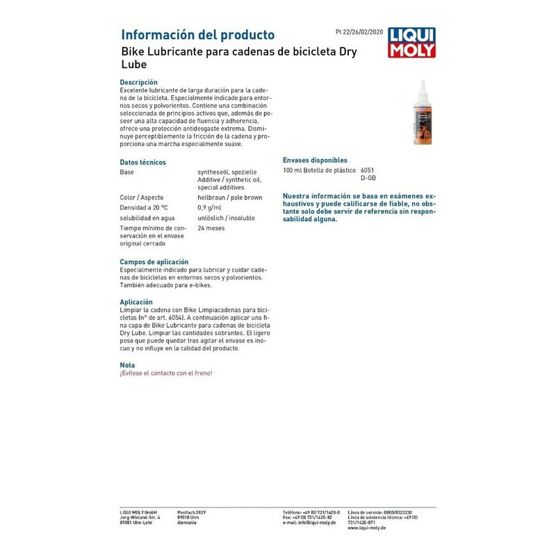 Aceite Cadena Bicicleta Liquimoly Dry Clima Seco 100ml