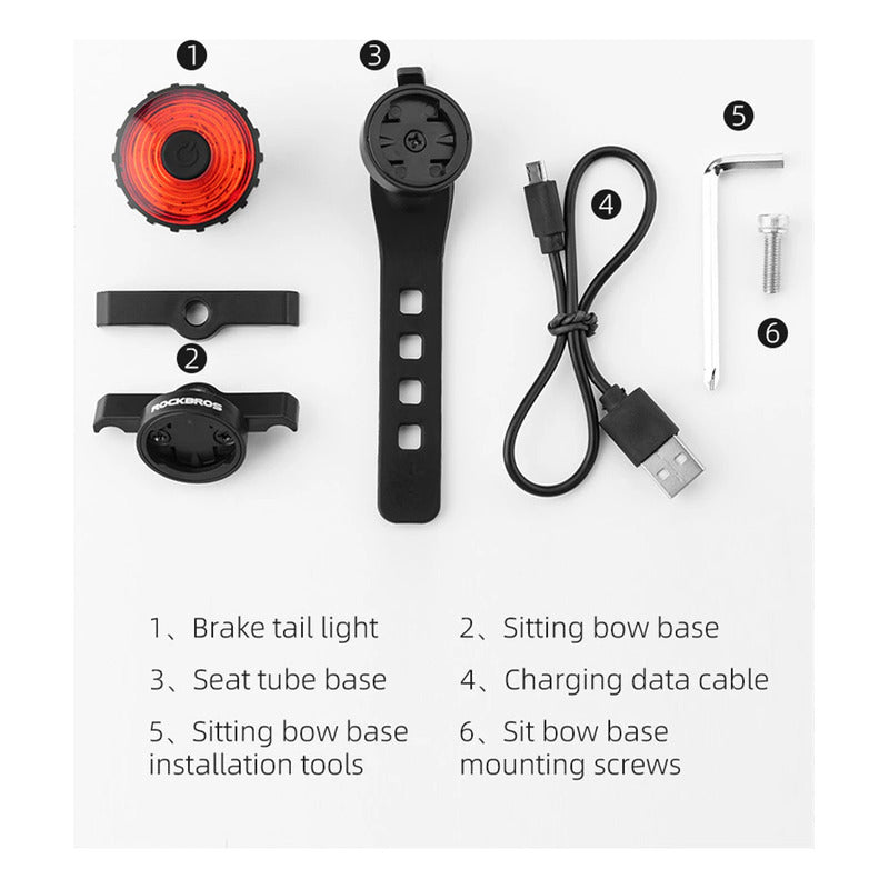 Luz Trasera Led Bicicleta Rockbros Usb 500mah Ipx6 C/ Sensor Mi tienda-Repuesto-de-bicicleta